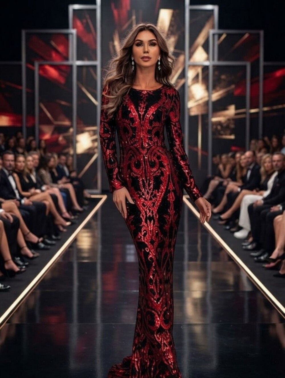 Glamorous Burgundy Contrast Sequin Fit and Flare Formal Gown